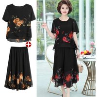 Plus size Fashion Mother Summer Chiffon Print Top Skirt Pants Suit Short-Sleeved Middle-Aged and Elderly Women Two-Piece Sets