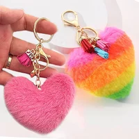 Colorful Heart Pompom Keychain Rainbow Plush Balls Pendant With Key Rings Tassel Winter Women Bag Charms Jewelry Gifts