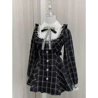 Japanres Sweet Preppy Style Bow Ruffles Dresses Women Y2k Harajuku Slim Mini Dress Autumn Gothic Plaid Long Sleeve Party Dress