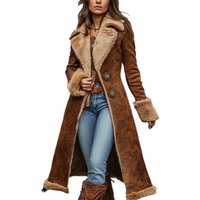 Vintage Women's Coat Brown Western Denim Plush Autumn And Winter Fashionable Warm Coat Outdoor Windproof Slim Fit Windbreaker