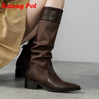 Krazing Pot 2026 peau fendue de vache bout rond talons moyens bottes mi-mollet chaussures d'hiver chaudes décoration plissée femmes bottes hautes