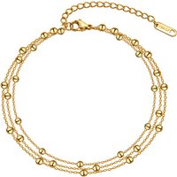 18k Gold Plated Stainless Steel Layered Chain With Beaded Anklet Bracelet on Leg for Women