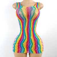 Women Rainbow Fishnet Cover Up Dress Sexy See Through Hollow Out Elastic Swimwear Beachwear Summer for Music Festival Vacation