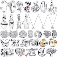 S925 Silver Plated Charm Bead Owl Dog Butterfly Flower Clover Whistle Camera Star Moon Gem Pendent Necklace Ring Gift Jewelry