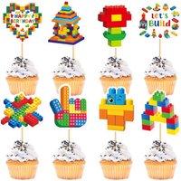 16/24Pcs Building Block Birthday Party Cupcake Topper Birthday Party Decorats Brick Theme Building Block Birthday Deco