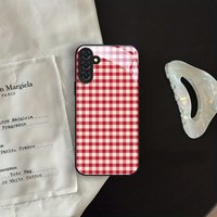 Red checkered pattern glass phone case suitable for Samsung Galaxy S26 S25 S24 S23 S22 S20 FE/Ultra/Plus anti drop back cover