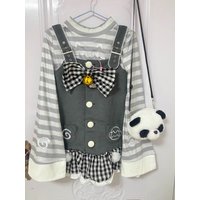2025 Spring Japanese Sweet Kawaii 2 Piece Sets Women Y2k Striped Tops + Plaid Strap Chic Skirt Female Grey Harajuku Fairy Suits