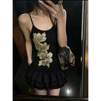 Cute Spicy Girl Sling Top And Skirt Sets Y2K Harajuku Style Lace Patchwork Ruffle Cake Skirt Women Casual Street Daily Wear