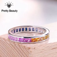 Pretty Beauty Lab Grown Sapphire Rainbow Eternity Band Ring for Women 925 Silver Multicolor Gemstone Channel Set Wedding Band