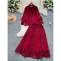 Elegant Lace Splicing Long Sleeve Shirt High Waist Maxi Skirt Two-Piece Set Women's Fashion High-Low Hemline Button-Up Top