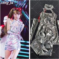 Xing Ju Kpop Korean Singer Concert Sexy Silver Halter Short Dress Jazz Dance Costume Women Birthday Party Stage Performance Wear