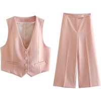 Willshela Women Fashion Two Piece Set Pink Tank Tops & Straight Leg Pants Vintage V-Neck Single Breasted Female Chic Pants Suit