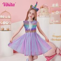 VIKITA Girls Summer Sleeveless Dress Children Birthday Party Tutu Dress Kids Cotton Costume Baby Girl Princess Dress Clothes