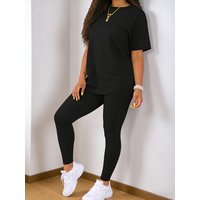 Fashion round-neck short-sleeved top paired with tight-fitting long pants - women's two-piece solid-color set