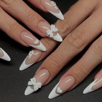 24PCS Almond Pressure Nail White Almond Medium-Sized Fake Nail With 3d Bow And White Flower Design, Cute Ladies Fake Nail