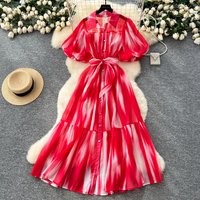 Chic vintage button puff sleeve print lace-up Elegant Fairy korean fashion Boho Sundress women clothing