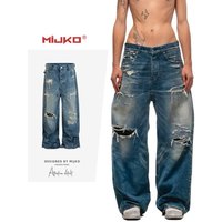 MIJKO Hole Washed Selvedge Wide Leg Blue Jeans TJ164