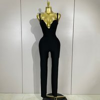 New Arrival Sexy Black Halter Sleeveless Bodycom Bandage Jumpsuit Fashion Woman Evening Party Nightclub Performance Costumes