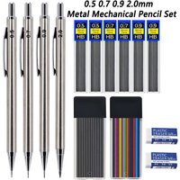 14pcs/set Creative 0.5 0.7 0.9 2.0mm Metal Mechanical Pencil Set with Lead, Automatic Pencil School Sketching Writing Supplies