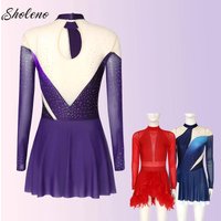 Adults Figure Skating Dress Women Shiny Rhinestone Ballet Gymnastics Dance Skirted Leotard Performance Competition Costume