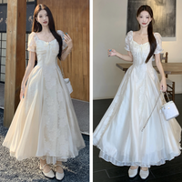 Summer plus Size French Style Splice Puffy Net Skirt Dress Women's High Waist Princess Sleeve Short Sleeve mid Length Dress