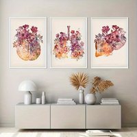 3pcs (Canvas Poster Unframes) Abstract Human Heart and Lung Canvas Art Poster Flowers Symbol Art Decor Painting for Hospital, Cl