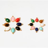 5Pcs Stainless Steel Oval Shaped Natural Stone Charm Pendants For DIY Bohemian Earring Necklace Bracelet Jewelry Making 2 size