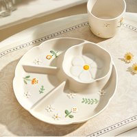 Cute Floral Relief Ceramic Plate Dividing Grids Breakfast Tablewares Durable Household Daily Fruit Salad Serving Dishes