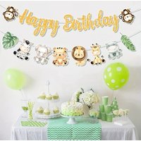 Happy Birthday Paper Banner Jungle Animal Banner Safari Party Hanging Decor Photo Props Indoor Outdoor Celebration Supplies