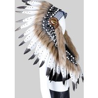 Native American Headdress, Brown Faux Fur and White Feather Headband, Tribal Role-Playing Halloween Party Performance Accessory