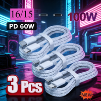 New USB C To USB C 100W Super Fast Charging 3PCS Cables PD Quick Charge Cord for IPhone 16 15 Plus Pro Max Samsung Xiaomi Huawei