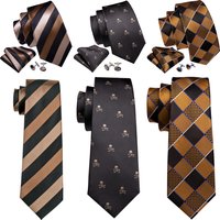 Barry.Wang Jacquard Brown & Gold Men's Tie With Pocket Square Cufflinks Set Exquisiet Necktie For Male Wedding Business