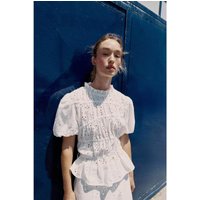 Sweet Embroidered Midi Dress A-Line Skirt Hollow out Design Short Sleeve round Neck Button Closure Polyester Fiber Workwear