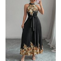 Women Dresses 2026 Spring New Fashion Floral Printed High Neck Sleeveless Lace Up Casual Pleated Long Dress