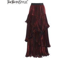 TWOTWINSTYLE Solid Spliced Ruffle Loose Skirts For Women High Waiat Minimalist Elegant Skirts Female Fashion Style Clothes New