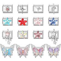 Wholesale Shiny Zircon Colorful Flower Star Butterfly Italian Charm Links Fit 9mm Stainless Steel Bracelet Women DIY Making Gift