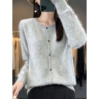 Aliselect Damski Kardigan Super Ciepły Sweter z Czystego Kaszmiru Norkowego z Dekoltem O-neck Luźna Odzież Damska Jednolite Kolory Dzianinowe Bluzki