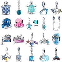 Summer 925 Silver Ocean Animal Bead Turtle Octopus Seahorse Tail Pendant Suitable for DIY Bracelet Necklace Pendant Women's Gift
