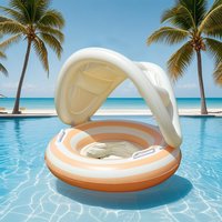 1 Stück Gestreifter Schwimmring mit Griffen, Aufblasbarer Schwimmreifen mit Sonnenschutz-Überdachung