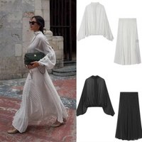 Women's Polka Dot Set Blouse & Skirt 2026 Spring Summer Chiffon High Neck Long Sleeves Breathable Tie Bow Midi A-Line Skirt Set