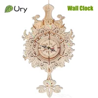 URY 3D Wooden Puzzle Retro Wall Clock Mechanical Model Building Luxurious Style Pendulum Assembly Home Decoration for Gifts