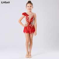 Girls Red Rhinestone Rhythmic Gymnastics Leotard One-Shoulder Nude Mesh Sleeveless Performance Dress Competition Outfit Kids