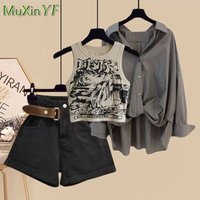 Women's Summer Chic Matching Set 2026 New Fashion Shirt Printed Vest Denim Shorts Three Piece Korean Elegant Blouse Jeans Suit