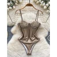 Sexy Golden Camisole Bodysuit Women Straps Sequined Slim Jumpsuit Top T-shirt Corset Bustier Silver Spring Summer 63920
