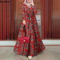Fashion Vintage Floral Print Sundress Women Muslim Maxi Dress Eid Dubai Abaya Turkey Kaftan Robe Females Party Evening Dresses