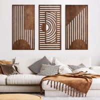 3 Pcs Geometric Wood Wall Art Decor, Wooden Minimalist Wall Hanging Decor, 3D Hollow Carved Craft Art Set, Boho Abstract
