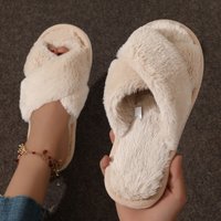 Cross Warm Fluffy Furry Slippers Women Lightweight Flat Heels Fur Slides Woman Autumn Winter Open Toe Non Slip Home Floor Shoes image 4