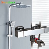 Chrome Thermostatic Bathroom Shower System Faucet Square Brass Thermostatic Bath Shower Set 12 Inch Rain Bathroom Shower Head