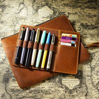 New Vintage Genuine Leather Zipper Pen Pouch - Large Capacity Retro Multi-Pen Organizer Case, Portable Travel Stationery Holder