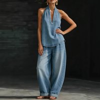 Sexy Halter Top Trouser Women Suit Button Lace-Up Denim Top Straight Pant 2026 Spring Summer Fashion 2 Pieces Set Women